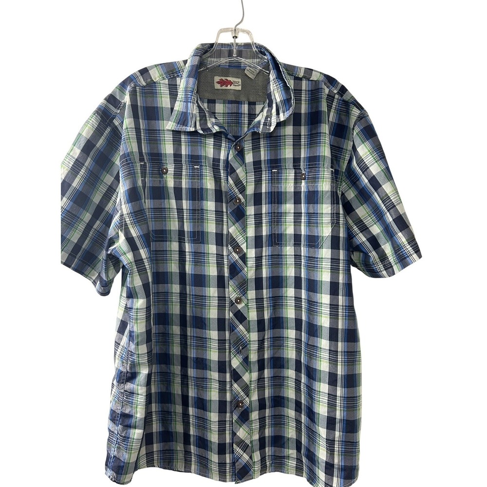 Field N Forest Mens XL Short Sleeve Plaid Button Down Shirt Blue Green Honeycomb